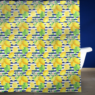 Pretty Watercolor Lemons on Blue Stripes Bathroom Shower Curtain