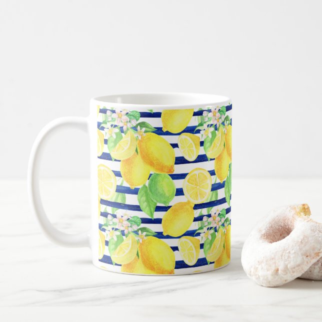 Pretty Watercolor Lemons on Blue Stripes Coffee Mug (With Donut)