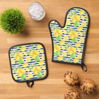 Pretty Watercolor Lemons on Blue Stripes Oven Mitt & Pot Holder Set