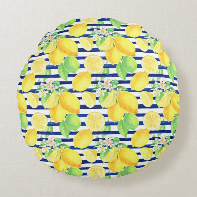 Pretty Watercolor Lemons on Blue Stripes Round Cushion (Front)