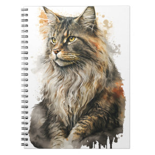 PRETTY WATERCOLOR MAINE COON CAT NOTEBOOK