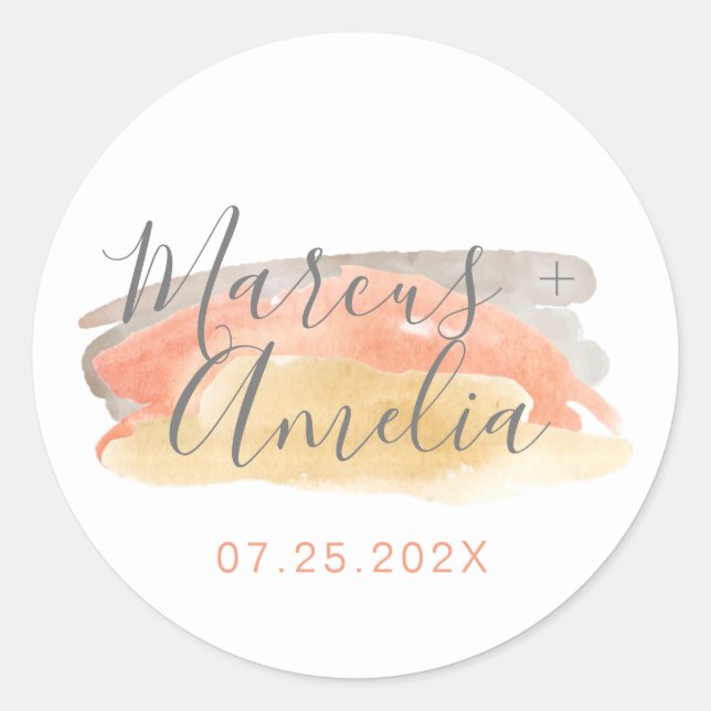 Pretty Watercolor Minimalist Wedding  Classic Round Sticker (Front)