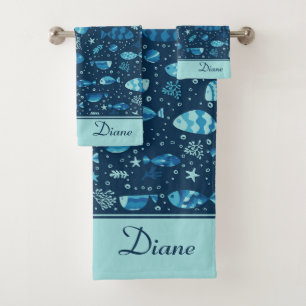 Pretty Watercolor Ocean Fishes Pattern with Name  Bath Towel Set