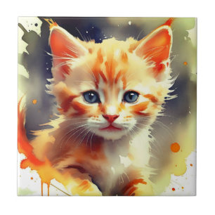 Pretty Watercolor painting of a cute orange cat Ceramic Tile