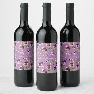 Pretty Watercolor Pansies Pattern on Purple Wine Label
