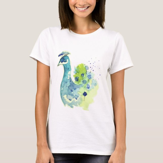 Pretty Watercolor Peacock Portrait T-Shirt (Front)