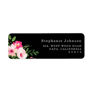 Pretty Watercolor Pink Floral Black Return Address Label