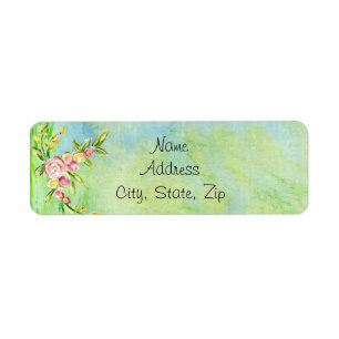 Pretty Watercolor Pink Floral Green Background Return Address Label