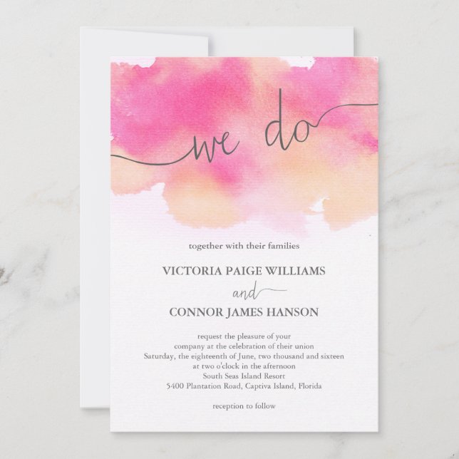 Pretty Watercolor Pink Peach Wedding Invitation (Front)