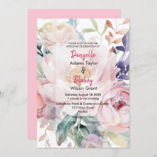 Pretty Watercolor Pink Purple Floral Wedding  Invitation