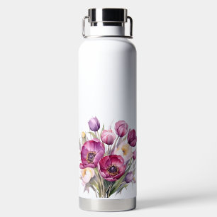 PRETTY WATERCOLOR PINK & RED ANEMONE POPPIES WATER BOTTLE