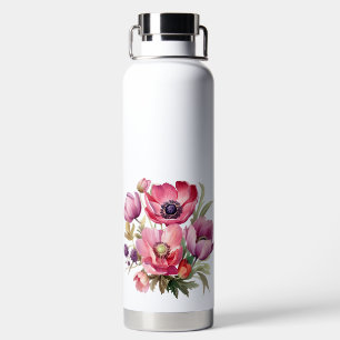 PRETTY WATERCOLOR PINK & RED ANEMONE POPPIES WATER BOTTLE