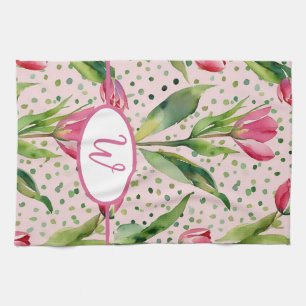 Pretty watercolor pink tulip floral tea towel