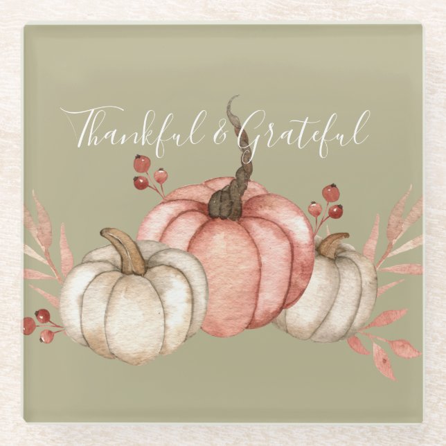 Pretty Watercolor Pumpkins on Sage   Glass Coaster (Front)