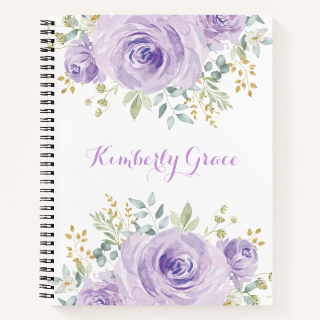 Pretty Watercolor Purple Floral Boho Roses Notebook (Front)