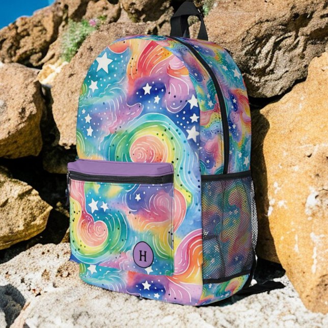 Pretty Watercolor Rainbow Galaxy Monogram Printed Backpack (Creator Uploaded)