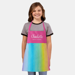 Pretty Watercolor Rainbow with Pink Straps   Name Apron