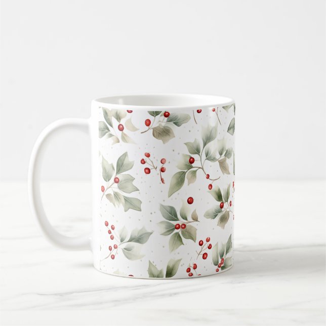Pretty Watercolor Red and Green Botannical Coffee Mug (Left)