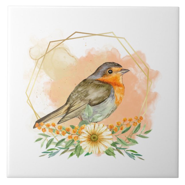 Pretty Watercolor Robin and Wildflower Frame  Ceramic Tile (Front)