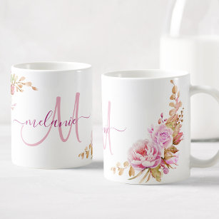 Pretty Watercolor Rose Floral Custom Monogram Coffee Mug