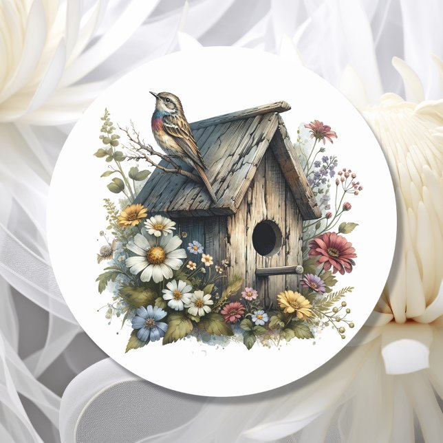 Pretty Watercolor Rustic Birdhouse and Bird Classic Round Sticker (Creator Uploaded)