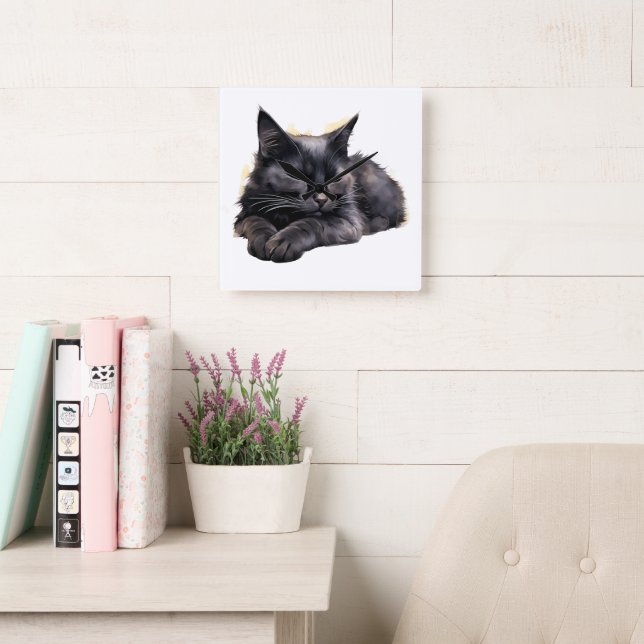 PRETTY WATERCOLOR SLEEPING FLUFFY BLACK CAT SQUARE WALL CLOCK (Reading Room)