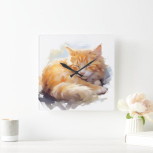 PRETTY WATERCOLOR SLEEPING ORANGE TABBY CAT SQUARE WALL CLOCK