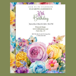 Pretty Watercolor Spring Floral 30th Birthday Invitation