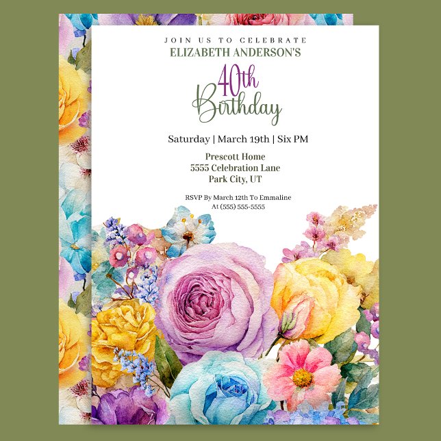 Pretty Watercolor Spring Floral 40th Birthday Invitation (Creator Uploaded)