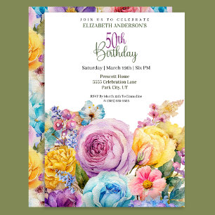 Pretty Watercolor Spring Floral 50th Birthday Invitation