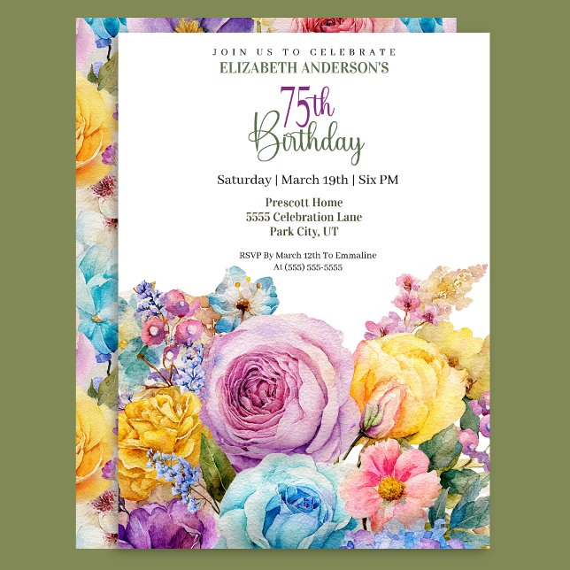 Pretty Watercolor Spring Floral 75th Birthday Invitation (Creator Uploaded)