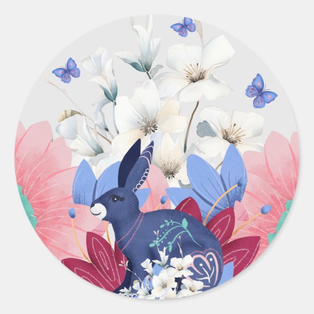 Pretty Watercolor Spring Florals & Bunny Classic Round Sticker (Front)