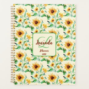 Pretty Watercolor Sunflowers Personalised Monogram Planner