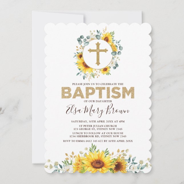 Pretty Watercolor Sunflowers Summer Garden Baptism Invitation (Front)