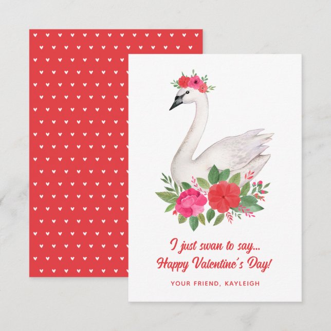 Pretty Watercolor Swan Pun Classroom Valentine Card (Front/Back)