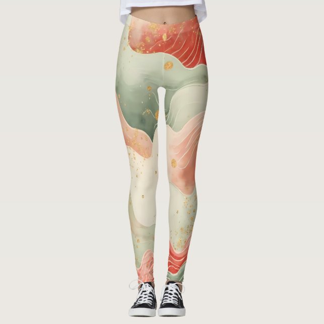 Pretty Watercolor Swirls Red/Green/Gold design  Leggings (Front)