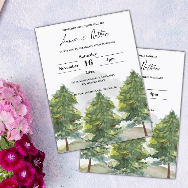 Pretty Watercolor Trees Landscape Wedding Invite  Postcard (Pretty Watercolor Trees Landscape Wedding Invitation)