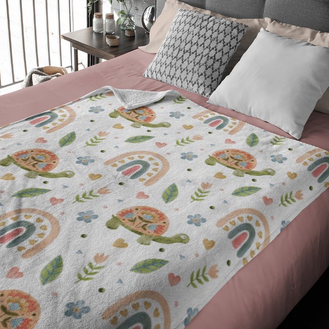 Pretty Watercolor Turtle and Rainbow Pattern Fleece Blanket (Creator Uploaded)