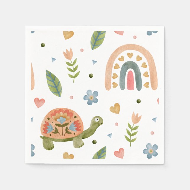 Pretty Watercolor Turtle and Rainbow Pattern Napkin (Front)