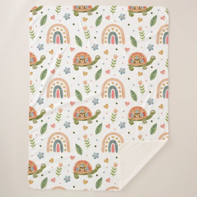 Pretty Watercolor Turtle and Rainbow Pattern Sherpa Blanket (Front)