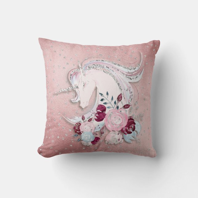 Pretty Watercolor Unicorn Pink Silver Cushion (Front)