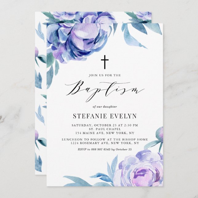 Pretty Watercolor Violet Peony Flowers Baptism Invitation (Front/Back)