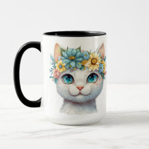 PRETTY WATERCOLOR WHITE CAT FACE WITH FLOWERS MUG