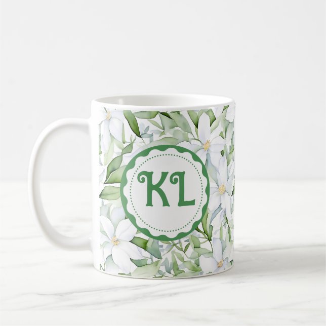 Pretty Watercolor White Flowers Personalised Coffee Mug (Left)