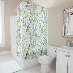 Pretty Watercolor White Flowers Sage Green Foliage Shower Curtain