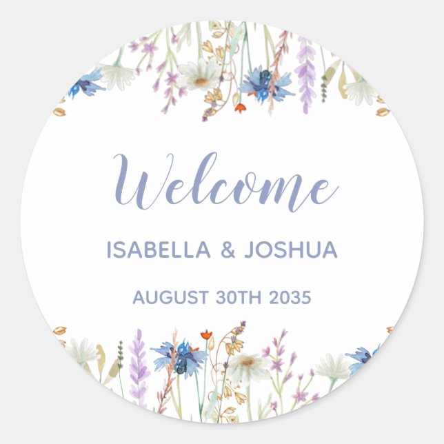 Pretty  Watercolor Wildflower Wedding Welcome  Classic Round Sticker (Front)