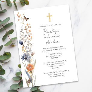 Pretty Watercolor Wildflowers Cross Baptism Invitation