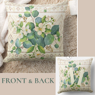 Pretty Watercolor Wildflowers Monogram Ivory Cushion