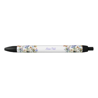 Pretty Watercolor Wildflowers | your name Black Ink Pen