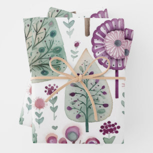 Pretty Watercolour Christmas Tree  Pink  Green  Wrapping Paper Sheet